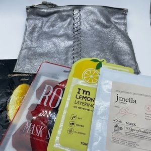 Lot Silver Metallic Leather Zipper Pouch and 4 Face Masks